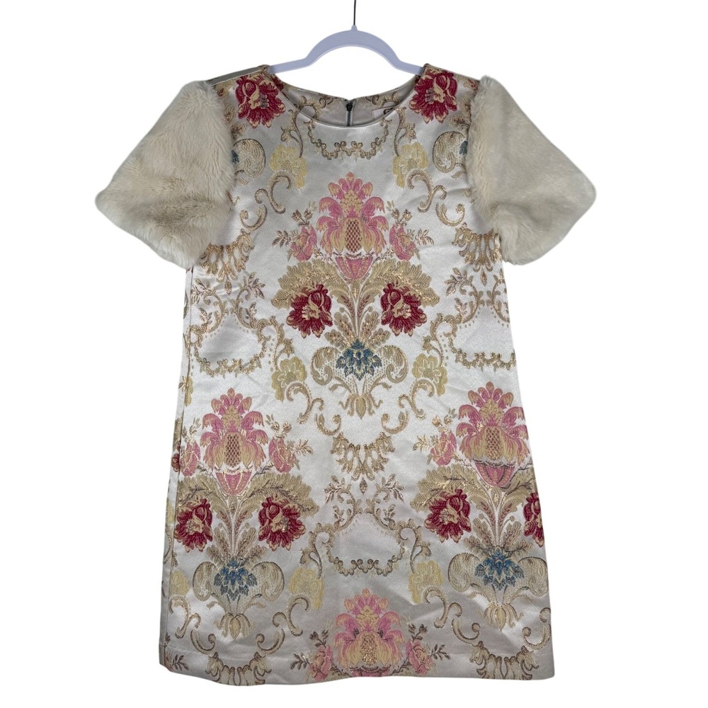GB Girls XL Dress Ivory Pink Gold Brocade Faux Fur Sleeve Holiday GD8640NMJ